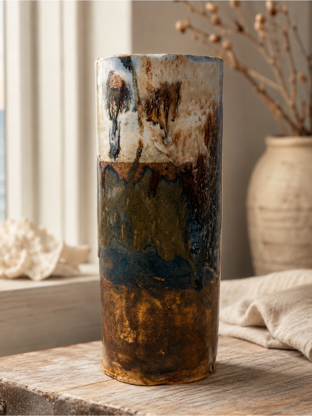 Vintage 1971 Signed Studio Pottery Vase | Handmade Stoneware Drip Glaze Vessel